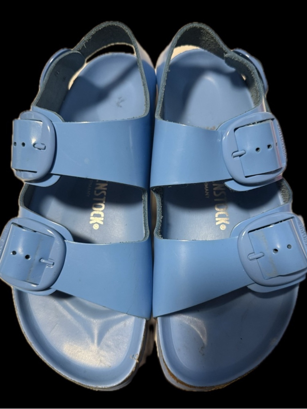 Birkenstock Milano Big Buckle in the High Shine Sky Blue colorway